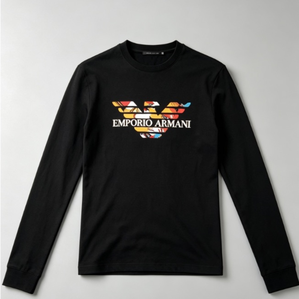 Emporio Armani Black Long-Sleeve Tee with Multicolor Eagle Logo